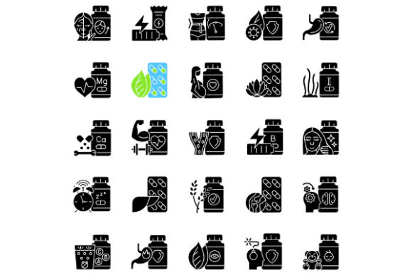 Food Supplements Black Glyph Icons Set for Modern Branding